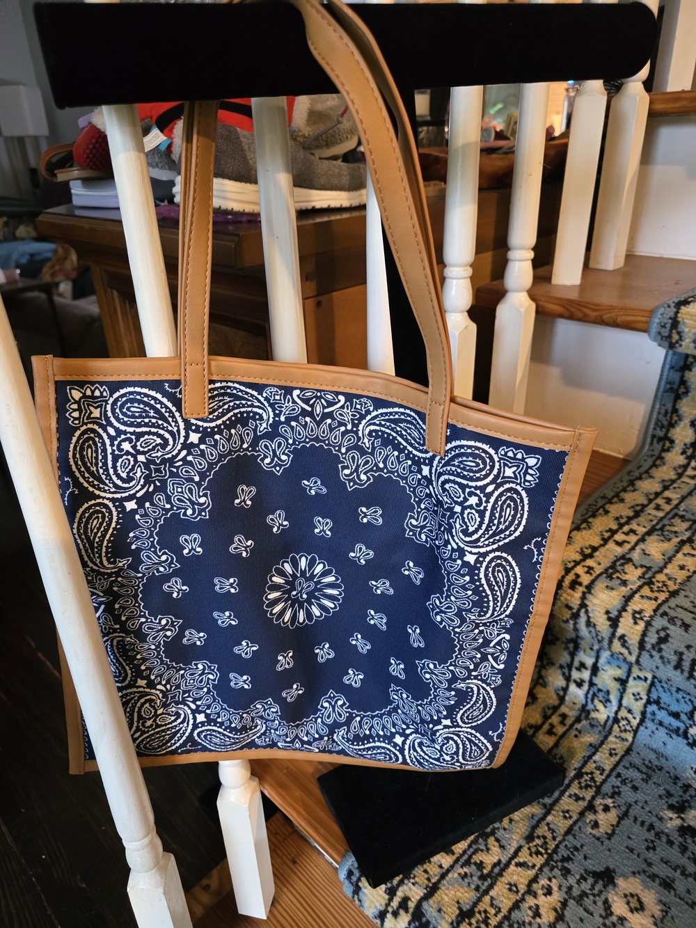 Navy Bandana Print Tote with Tan Trim